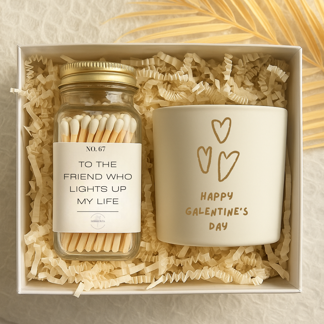Gift set with matches and a candle in a box, featuring Valentine's Day text.
