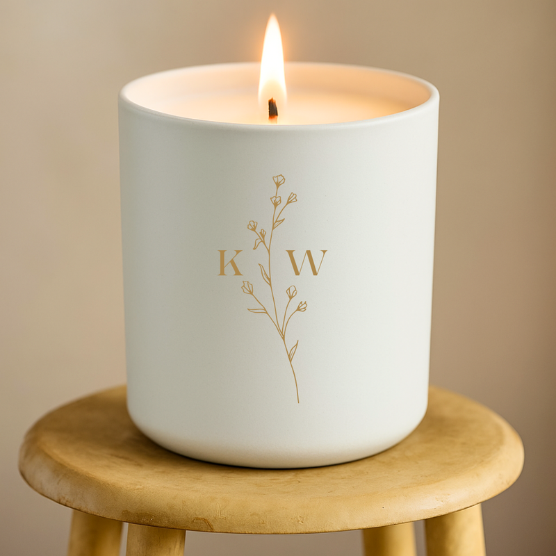 White candle with 'KW' logo on a wooden stool against a beige background