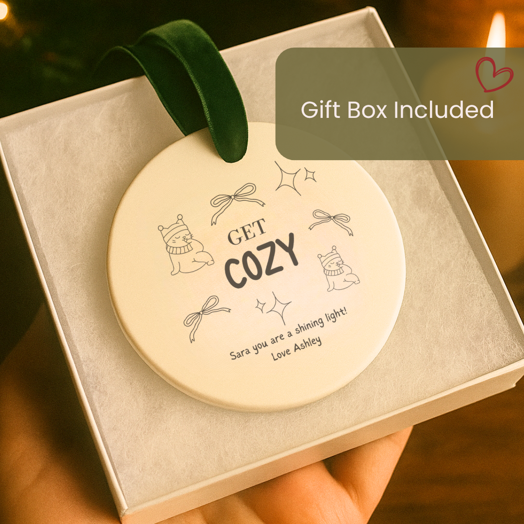 Get Cozy Personalized Ceramic Ornament – Custom Engraved Christmas Gift