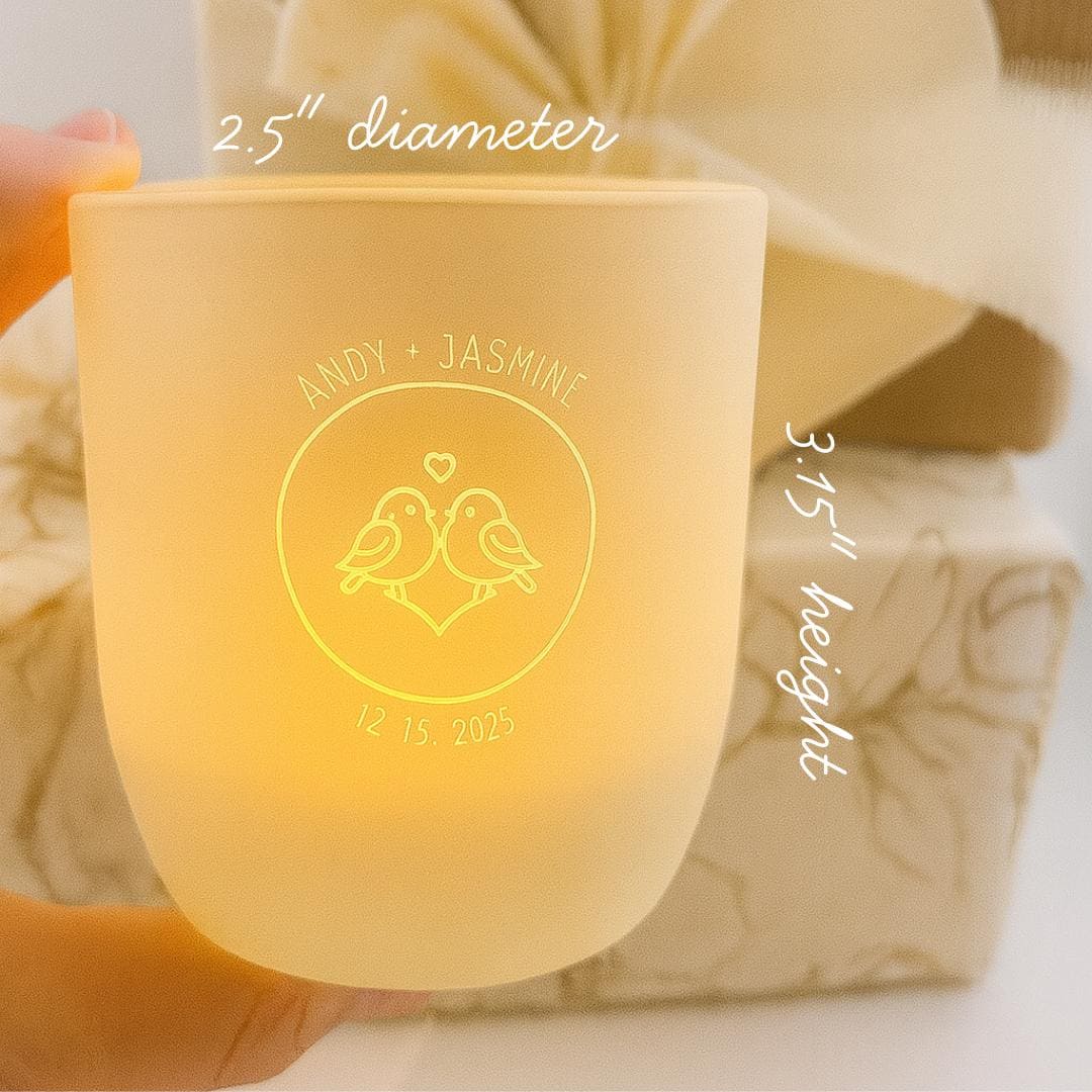 Lovebird Personalized Engagement Gift – Engraved Tealight Holder & Soy Candle Set