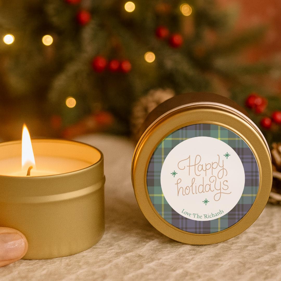 Green & Blue Plaid Happy Holidays Candle Favors –Set of 10